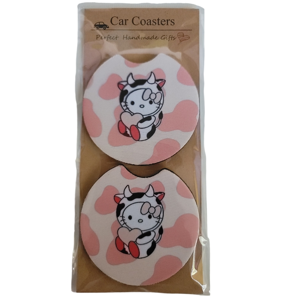 Cat in Cow Costume Handmade Reuseable Set of 2 Car Cup holder Coasters